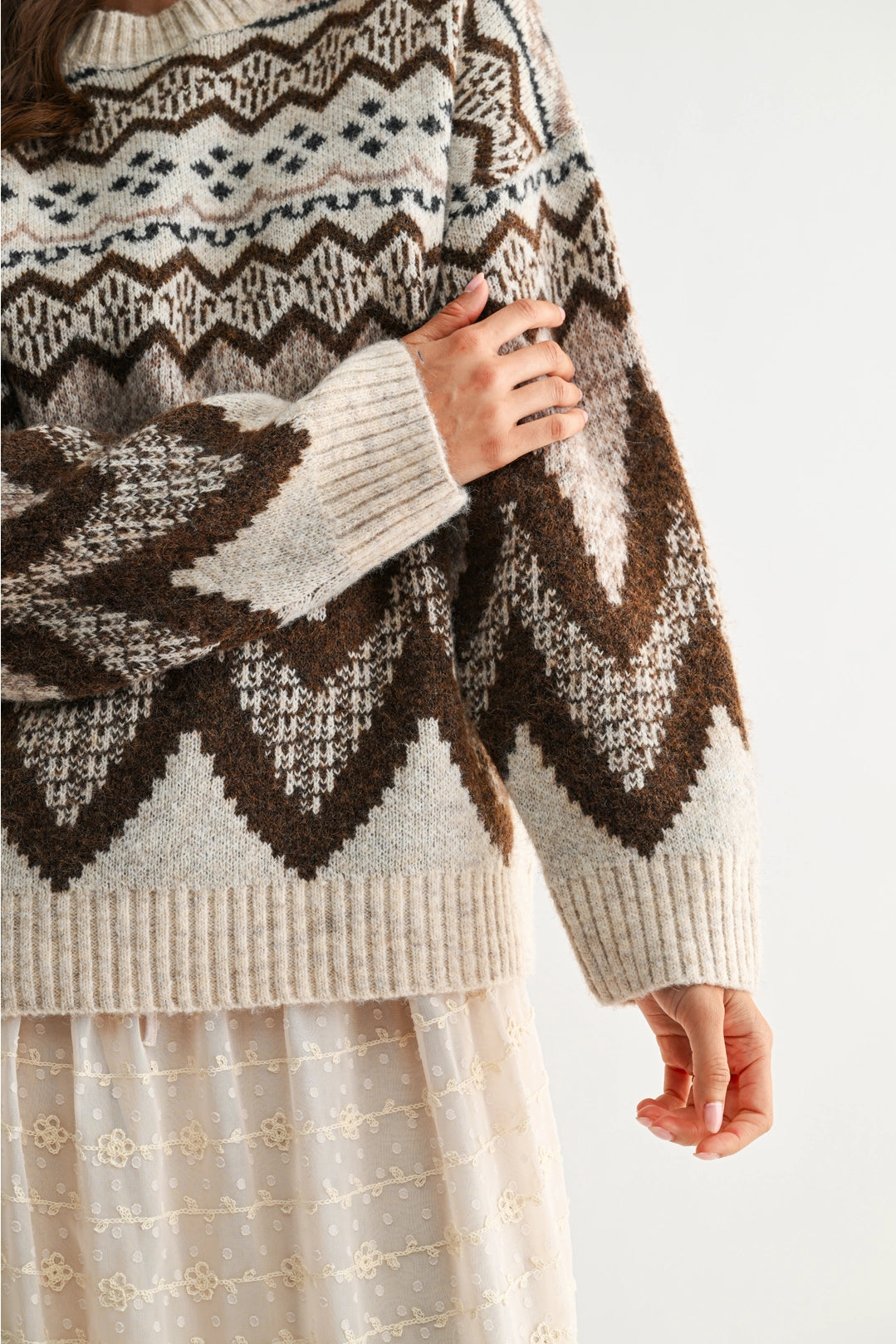 Sherry Nordic Knit Sweater- Cream/Brown