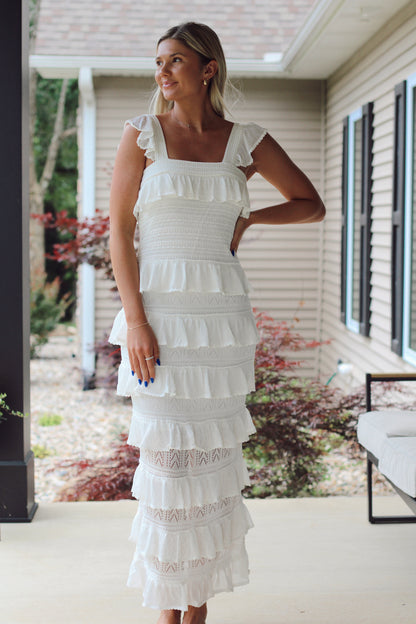 Last Toast on the Coast Ruffle Midi Dress- Cream