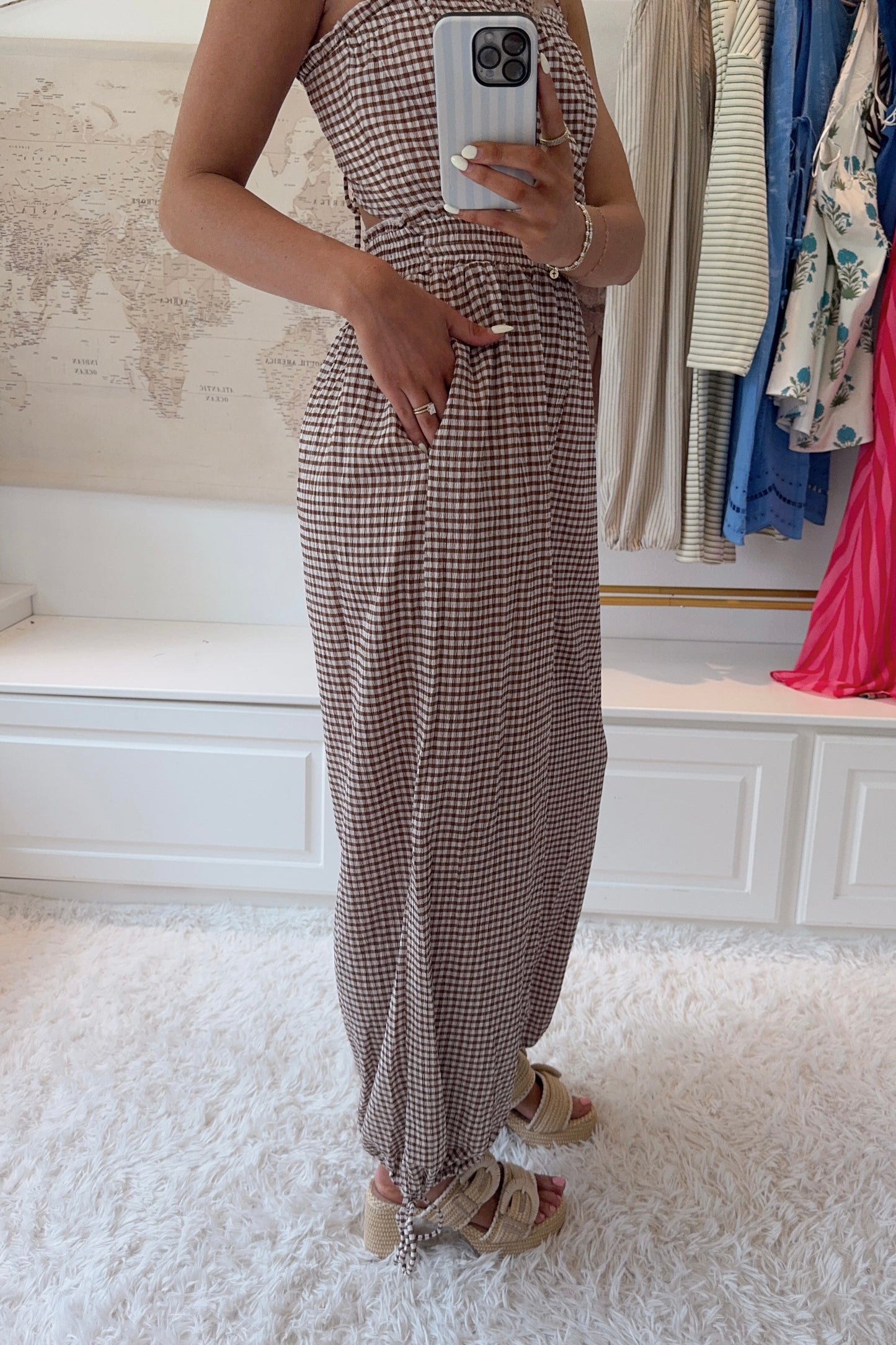 Driftwood Gingham Jumpsuit- Brown