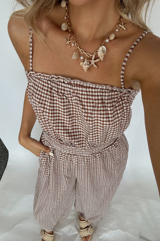 Driftwood Gingham Jumpsuit- Brown