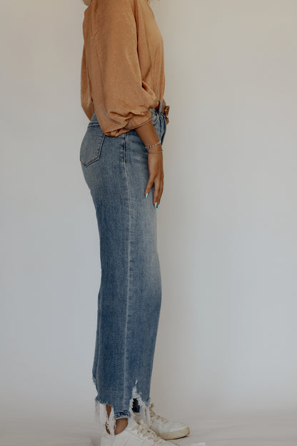Betsy Asymmetrical Distressed Jeans- Denim Blue