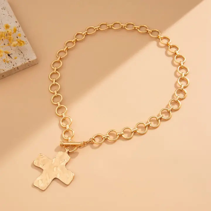 Hammered Cross Necklace- Gold