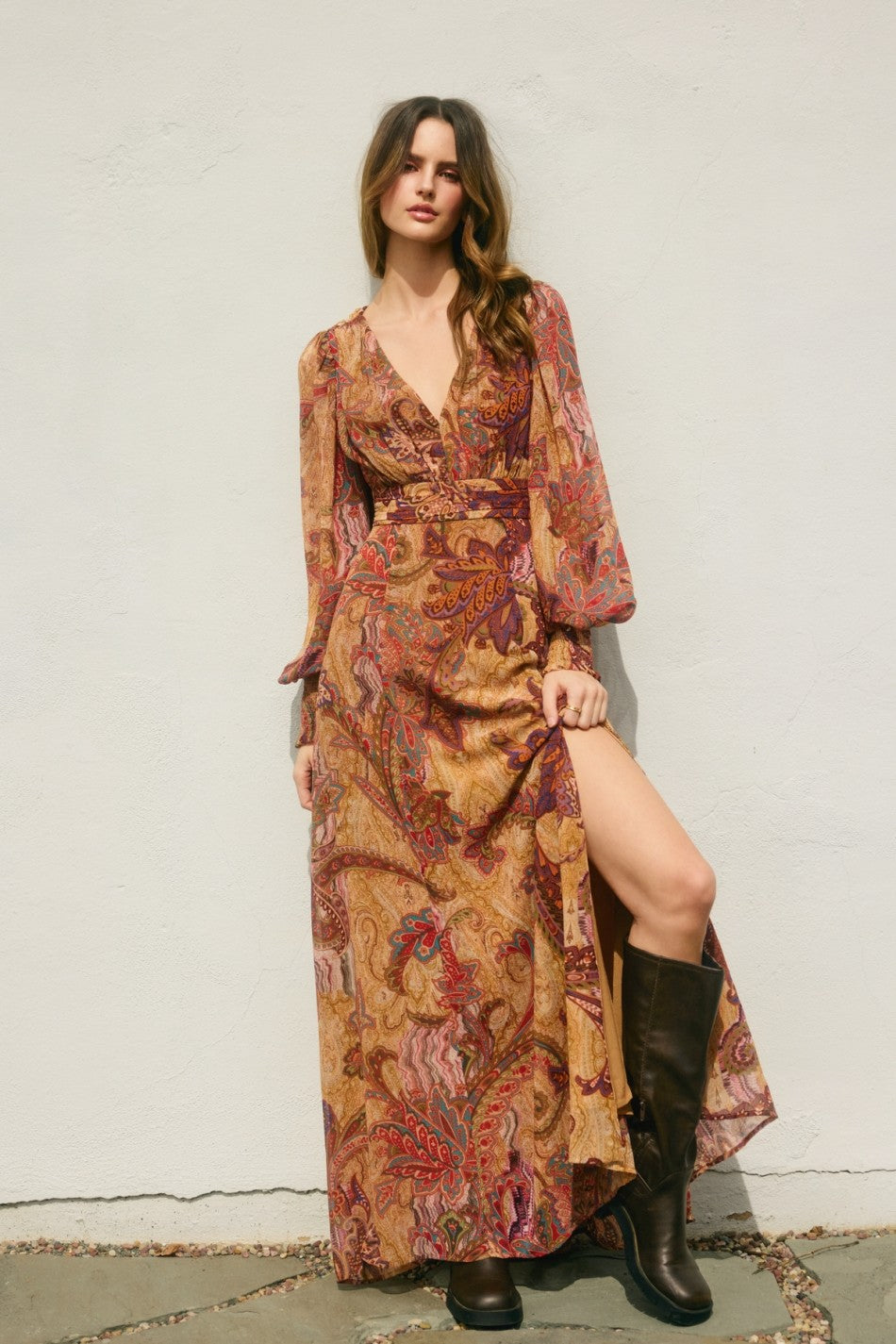 Autumn Whisper Plunging Maxi Dress- Royal Aster