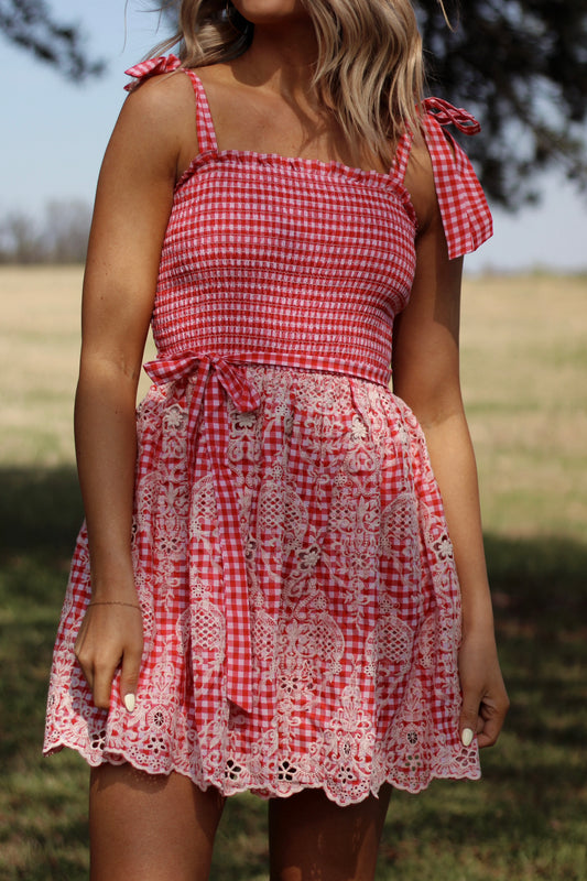 Cherry Blossom Gingham Dress- Red