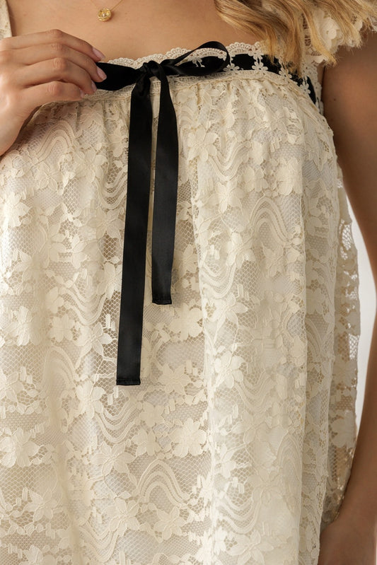 Ribbon and Lace Mini Dress- Cream/Black
