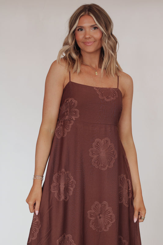 Cocoa Beach Floral Midi Dress- Mocha