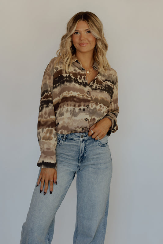 Britt Button Down Abstract Shirt- Brown