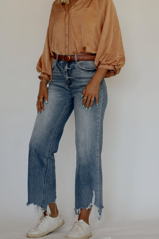 Betsy Asymmetrical Distressed Jeans- Denim Blue