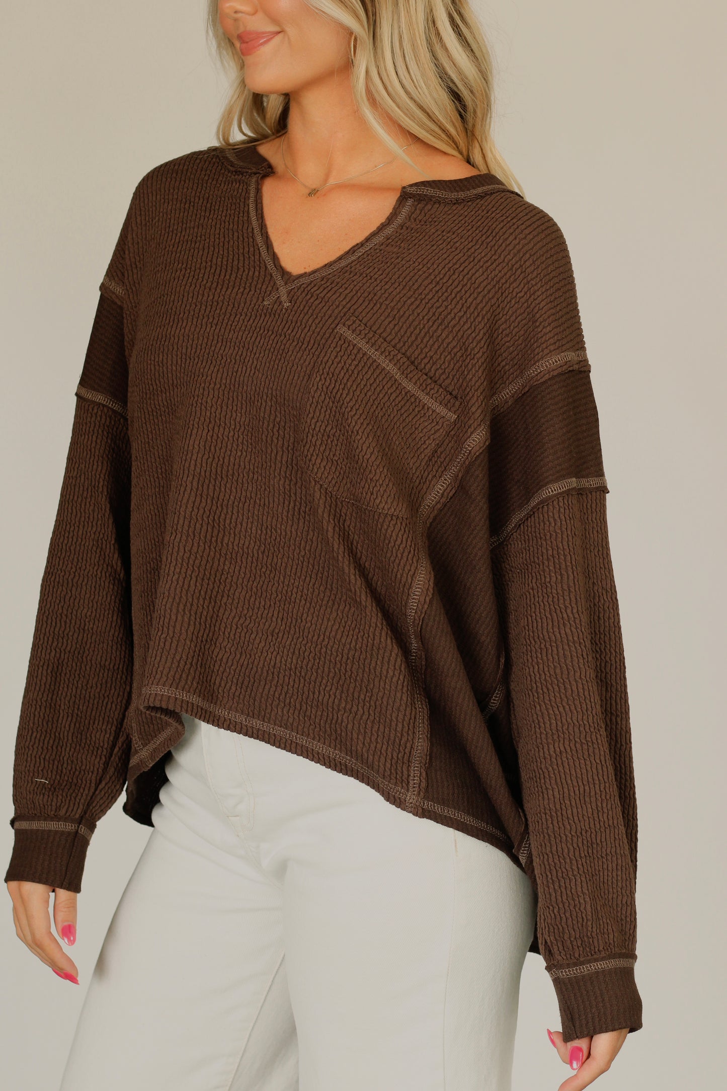 Miss Lipps Long Sleeve Knit Top- Brown