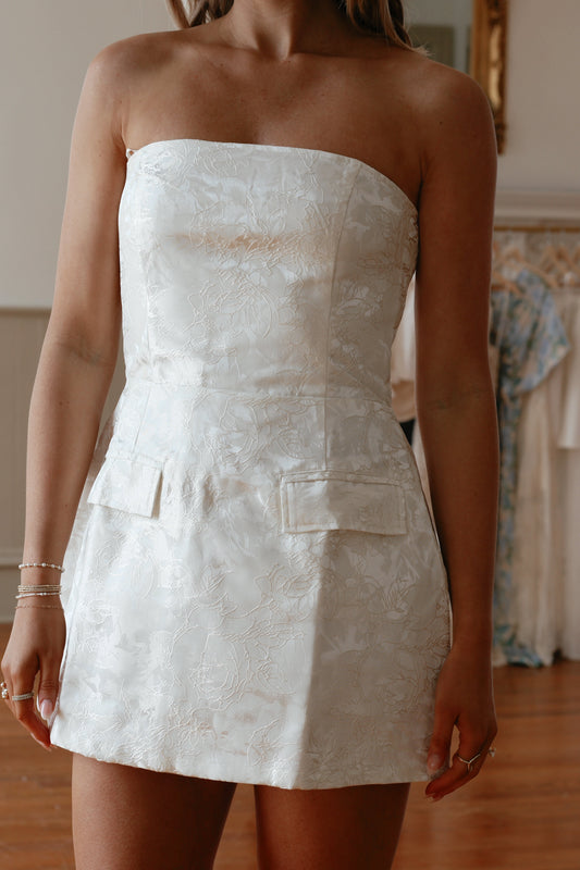 Jacquard Strapless Mini Dress- Off White