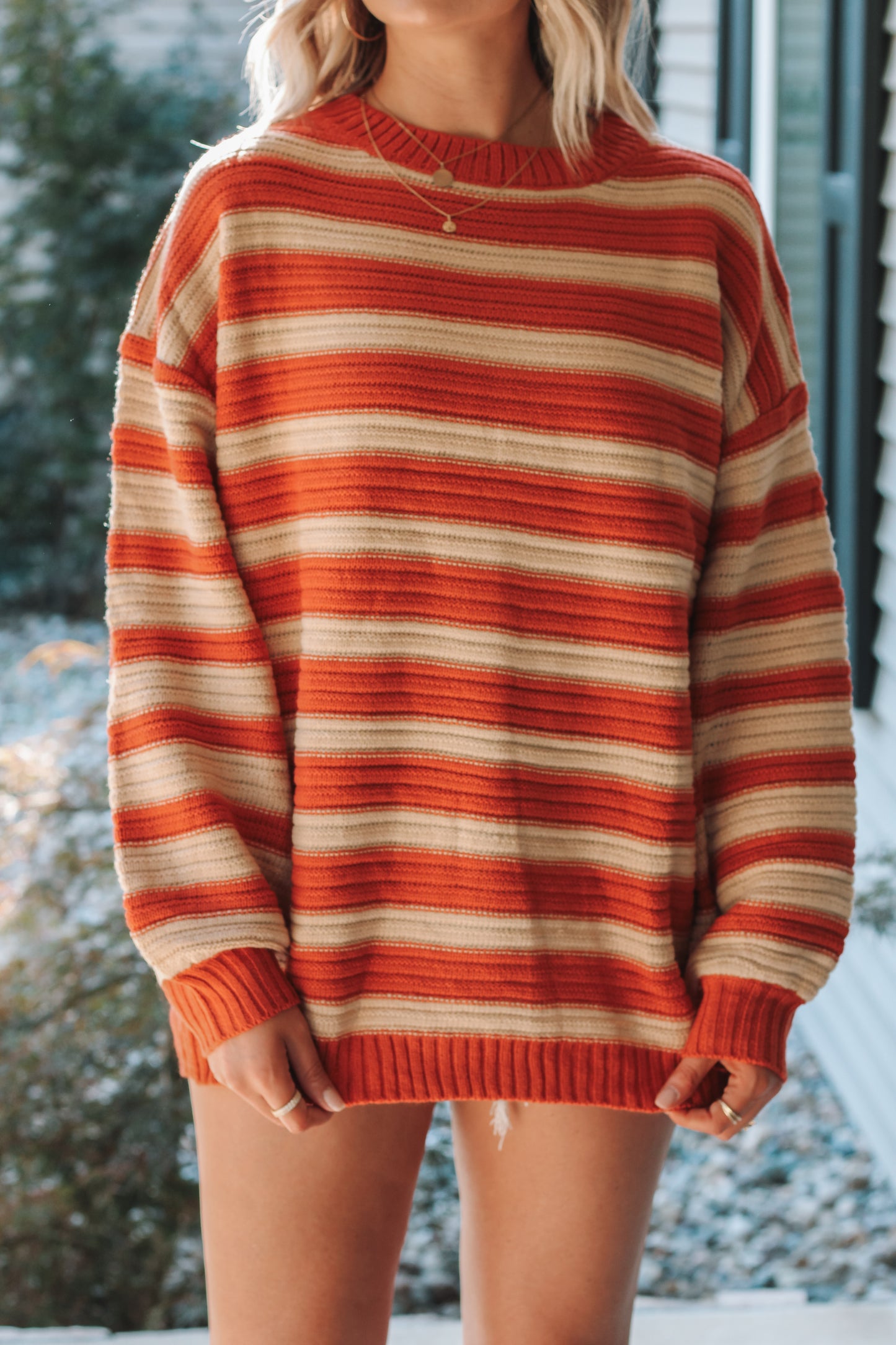 Pumpkin Patch Striped Oversized Sweater - Rust