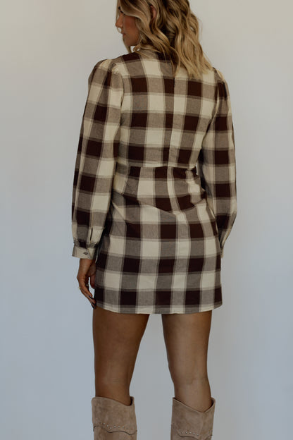 Devin Wrap Plaid Mini Dress- Brown