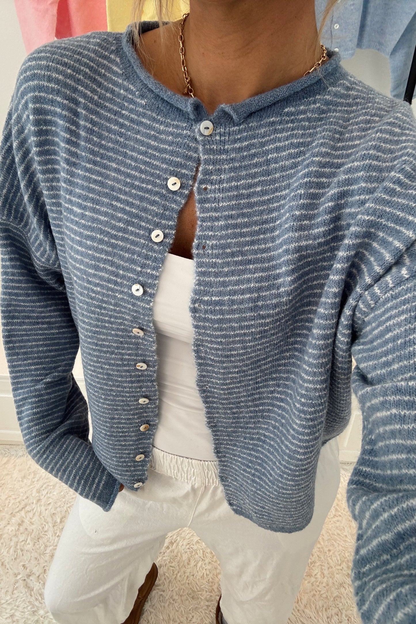 Haven Cardigan- Dusty Blue Pinstripe