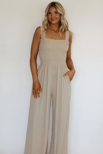 Sherry Smocked Jumpsuit- Taupe