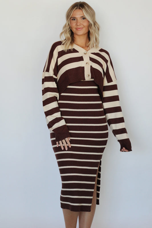 Salem Striped Knit Set- Brown