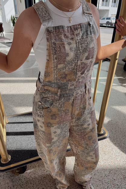 Desert Bloom Barrel Overalls- Taupe Multi