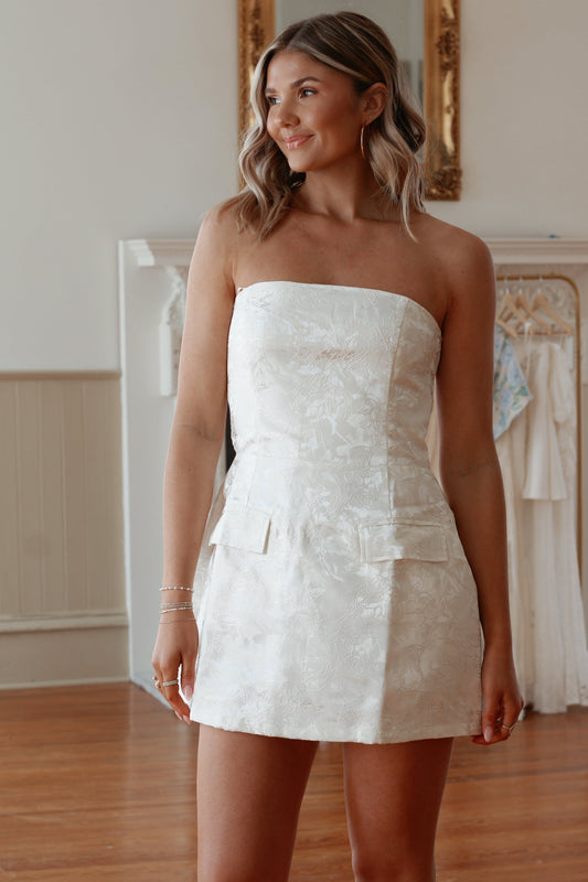 Jacquard Strapless Mini Dress- Off White