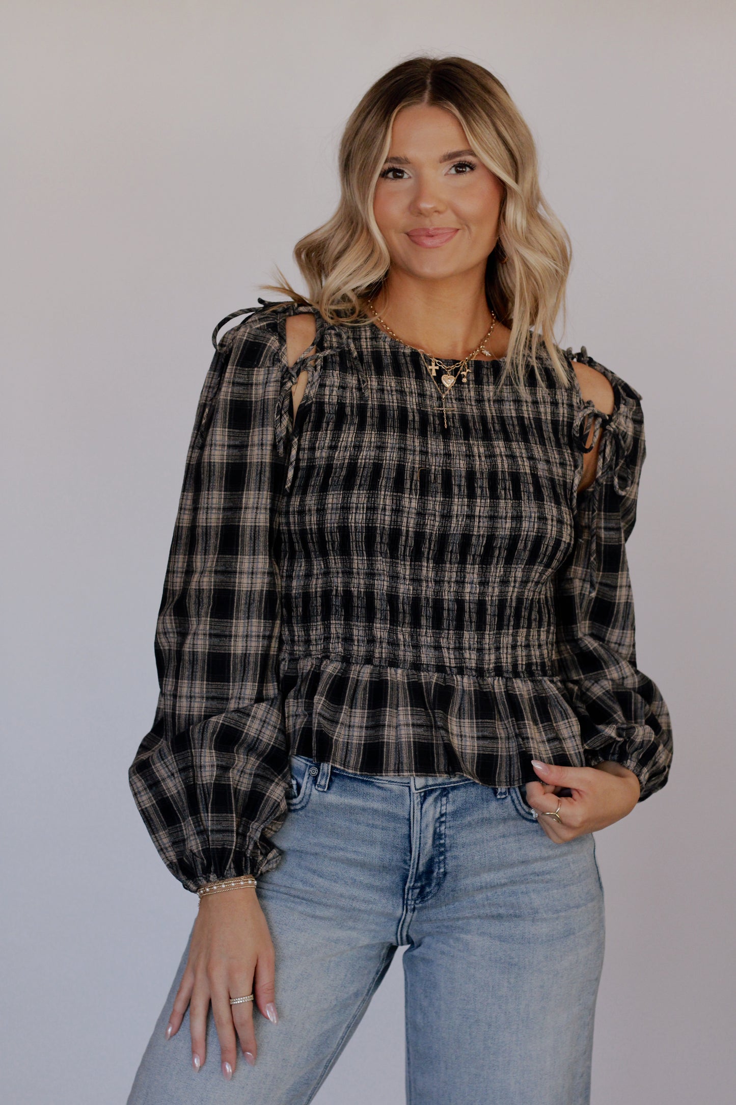 Sarah Smocked Plaid Top- Black