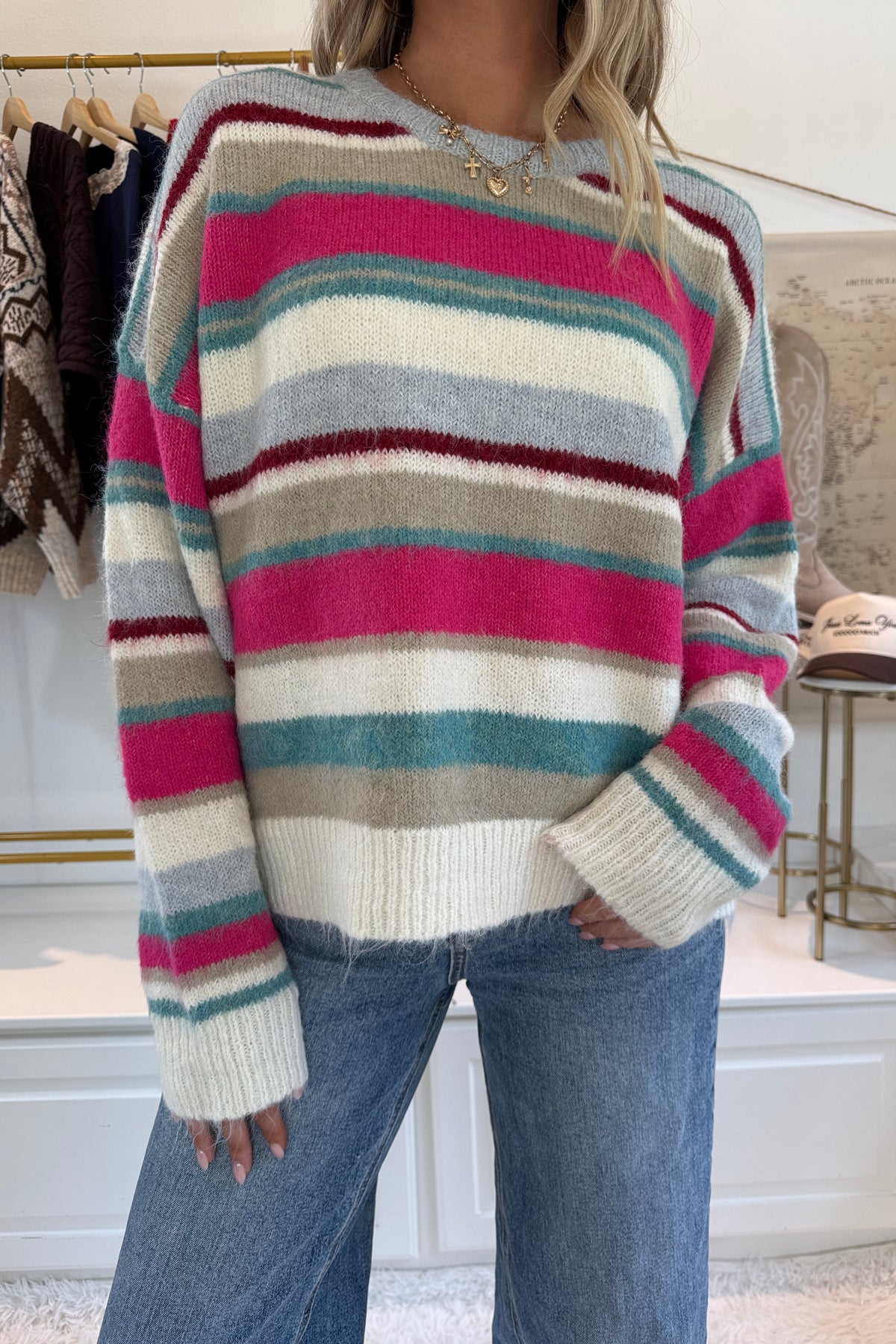 Vail Apres Striped Sweater- Fuschia/Teal/White