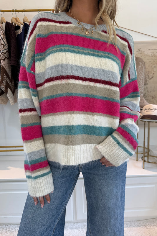 Vail Apres Striped Sweater- Fuschia/Teal/White