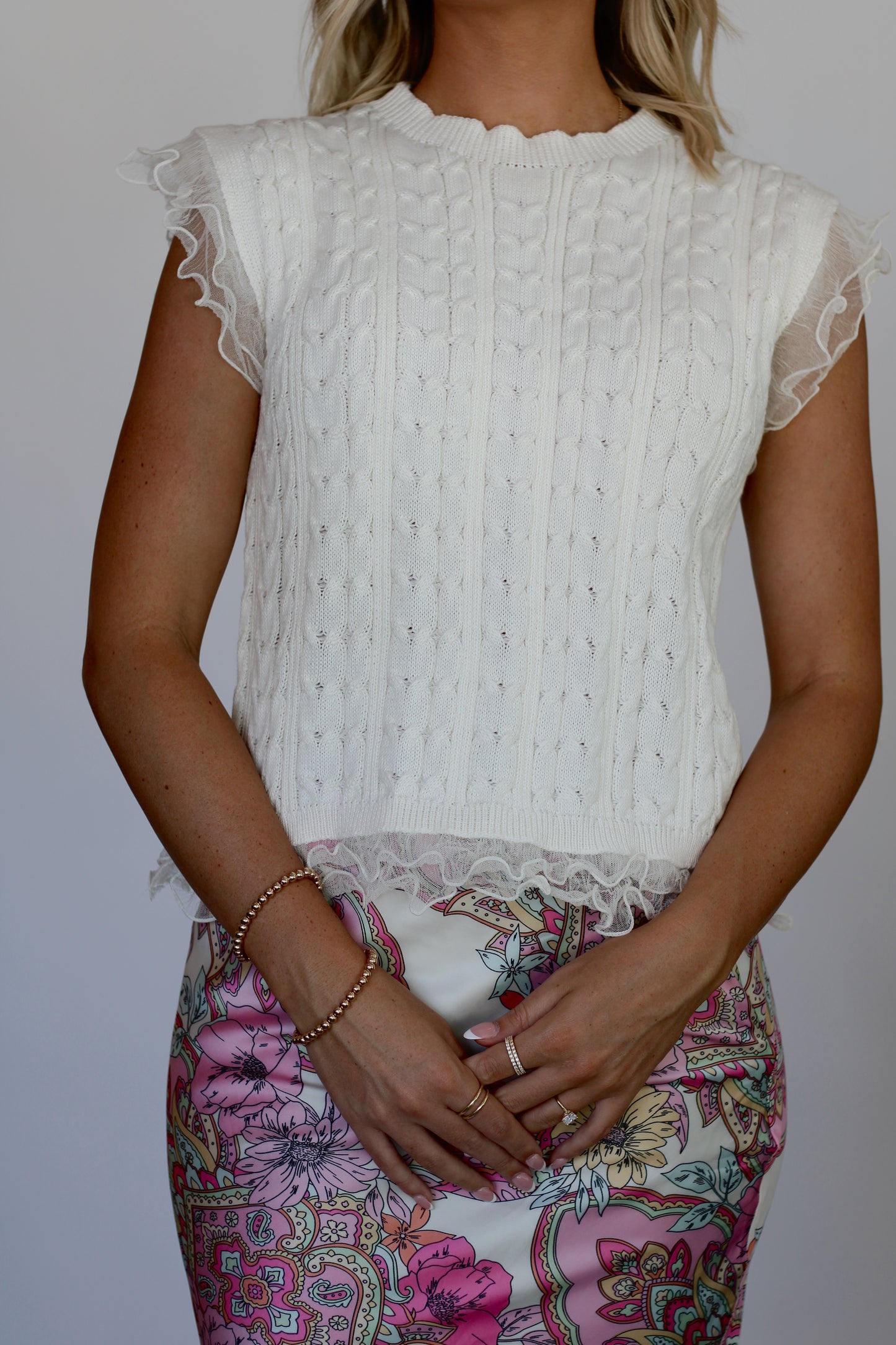 Mrs. Lewis Layered Chiffon Knit Top- Cream