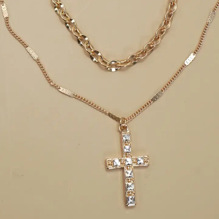 Double Layer Rhinestone Cross Necklace- Gold