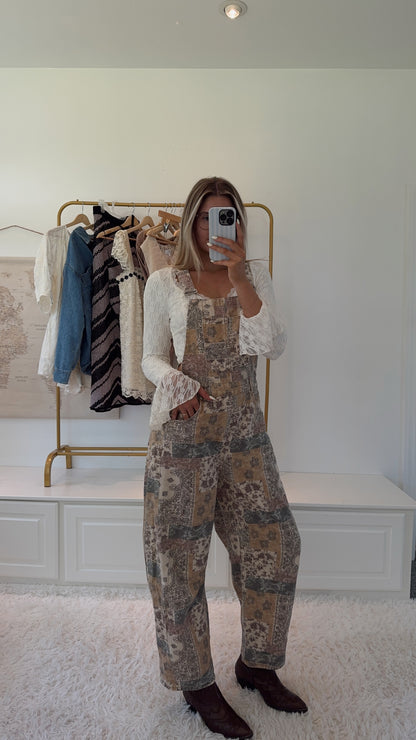 Desert Bloom Barrel Overalls- Taupe Multi