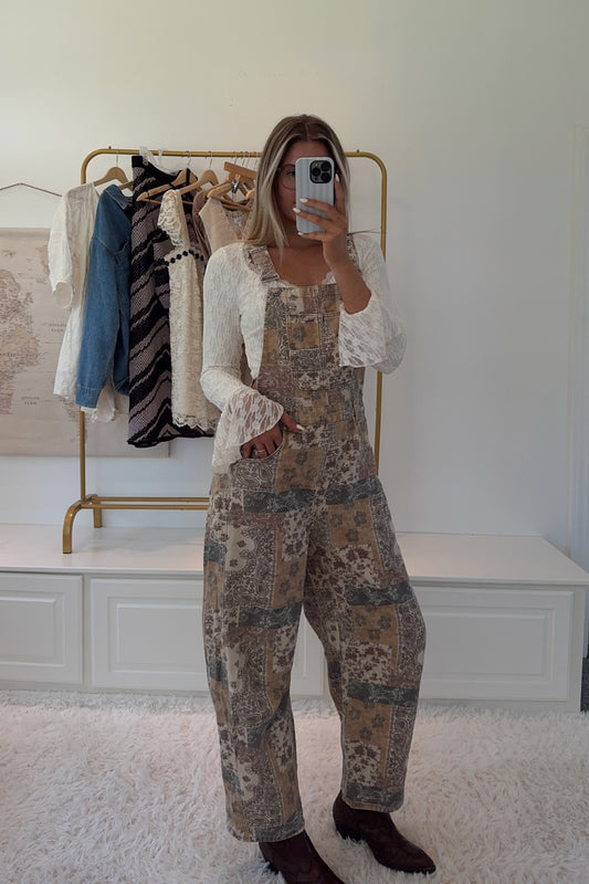 *PRE-ORDER* Desert Bloom Barrel Overalls- Taupe Multi 7/21