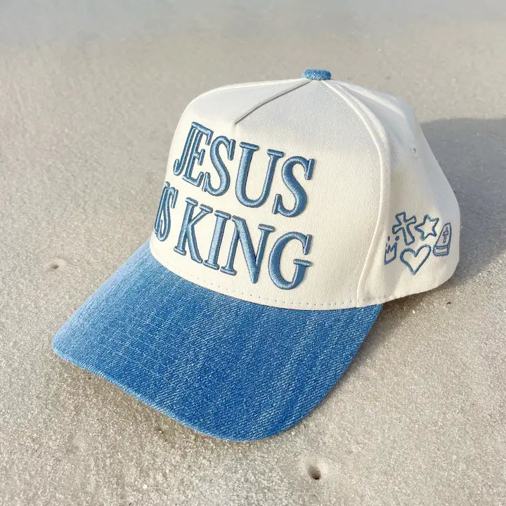 Jesus is King Hat- Cream/Denim