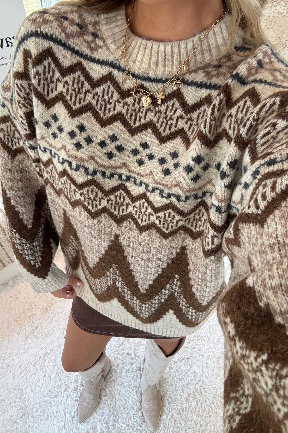 Sherry Nordic Knit Sweater- Cream/Brown