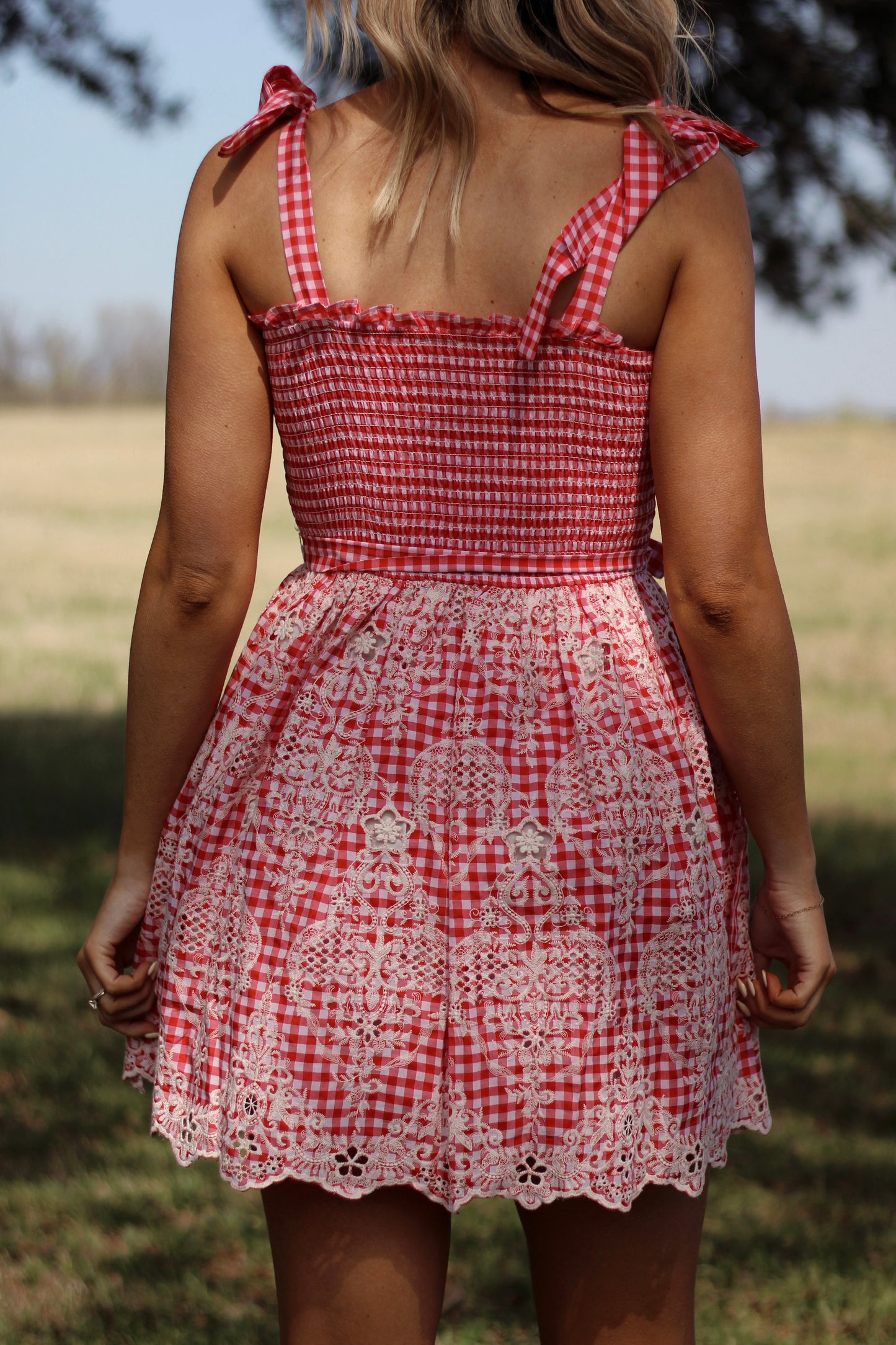 Cherry Blossom Gingham Dress- Red