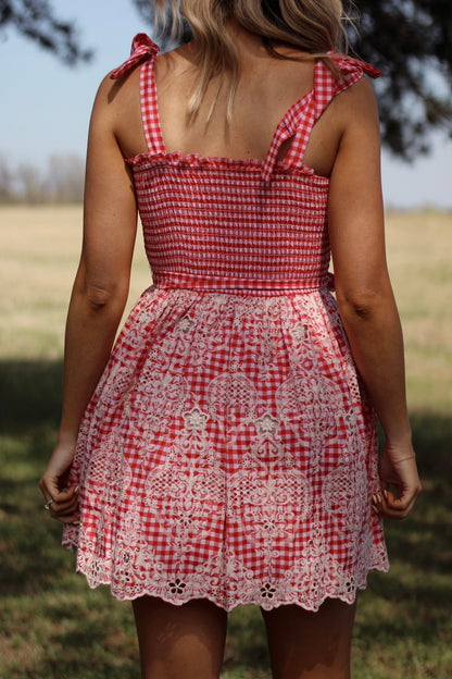 Cherry Blossom Gingham Dress- Red