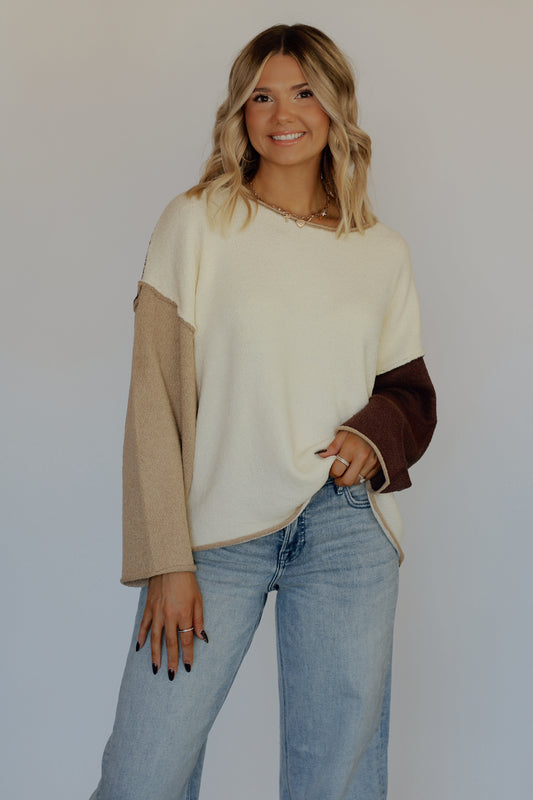 Caroline Colorblock Sweater- Cream/Brown