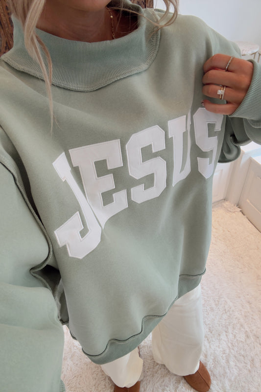 JESUS Embroidered Mock Neck Sweatshirt- Sage