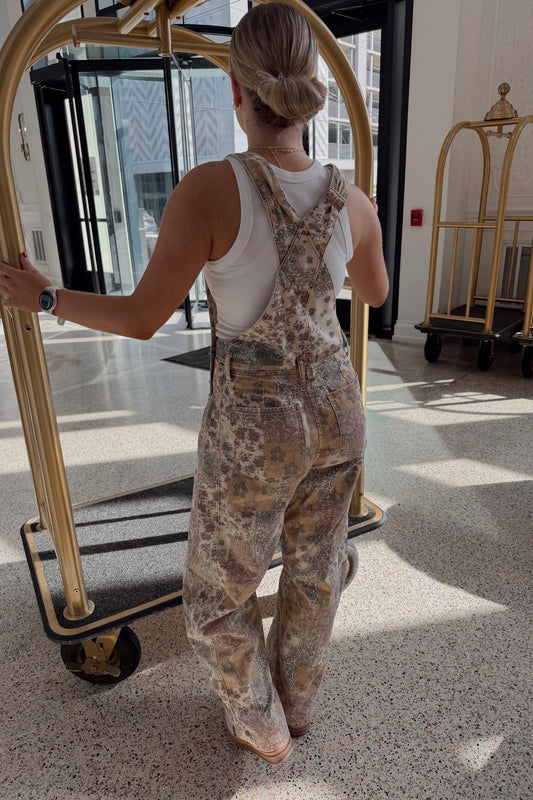 Desert Bloom Barrel Overalls- Taupe Multi