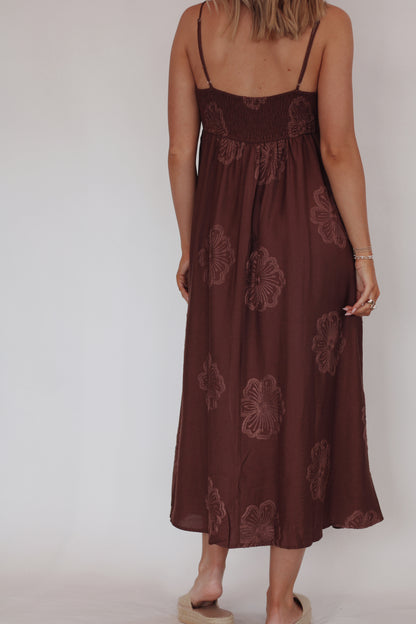 Cocoa Beach Floral Midi Dress- Mocha