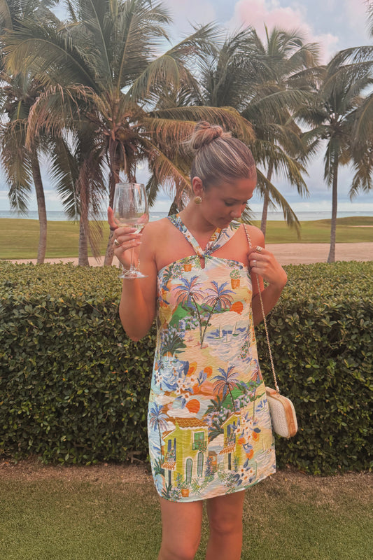 Golden Tide Halter Mini Dress- Caribbean Blues