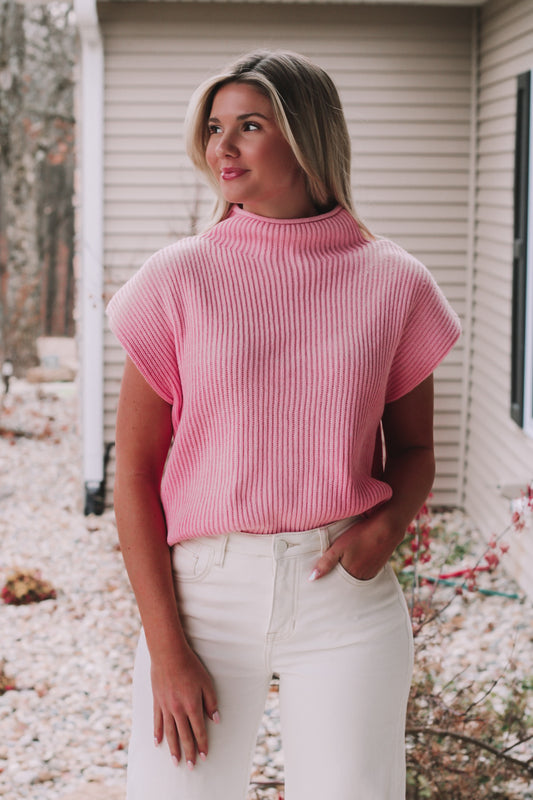 Lotte Turtle Neck Sweater Vest- Baby Pink