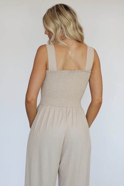 Sherry Smocked Jumpsuit- Taupe