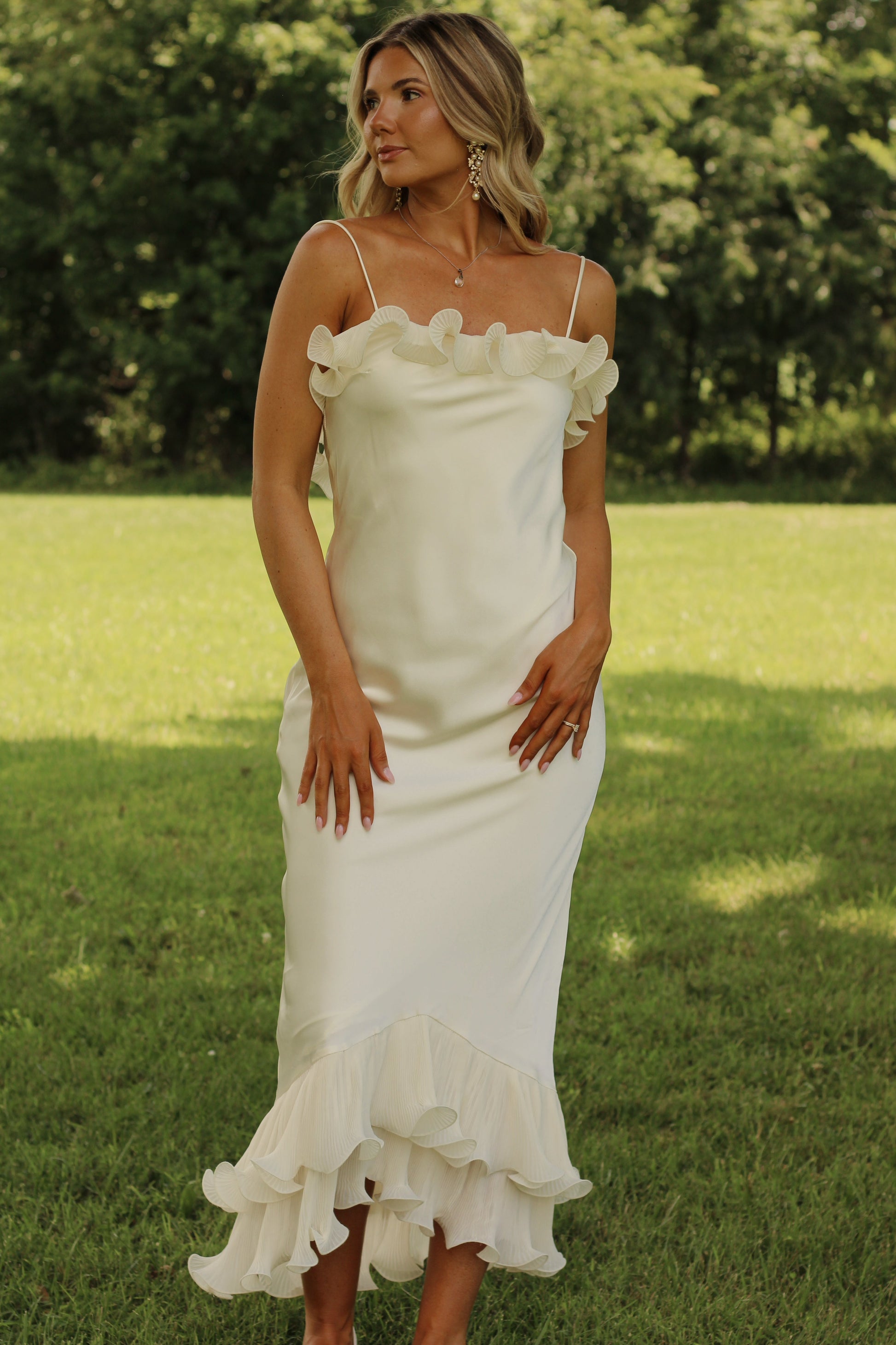 PRE ORDER* Bridal Bliss Low Back Ruffle Trim Maxi Dress- Oyster 7/27 – Wandering Rhodes Boutique