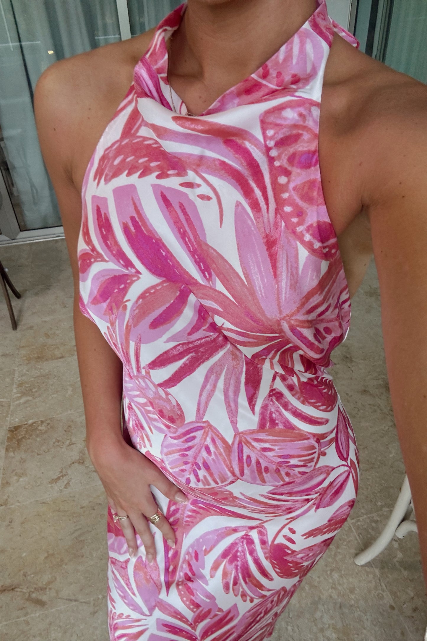 Ocean Kiss Halter Ruched Maxi Dress- Flamingo Pink