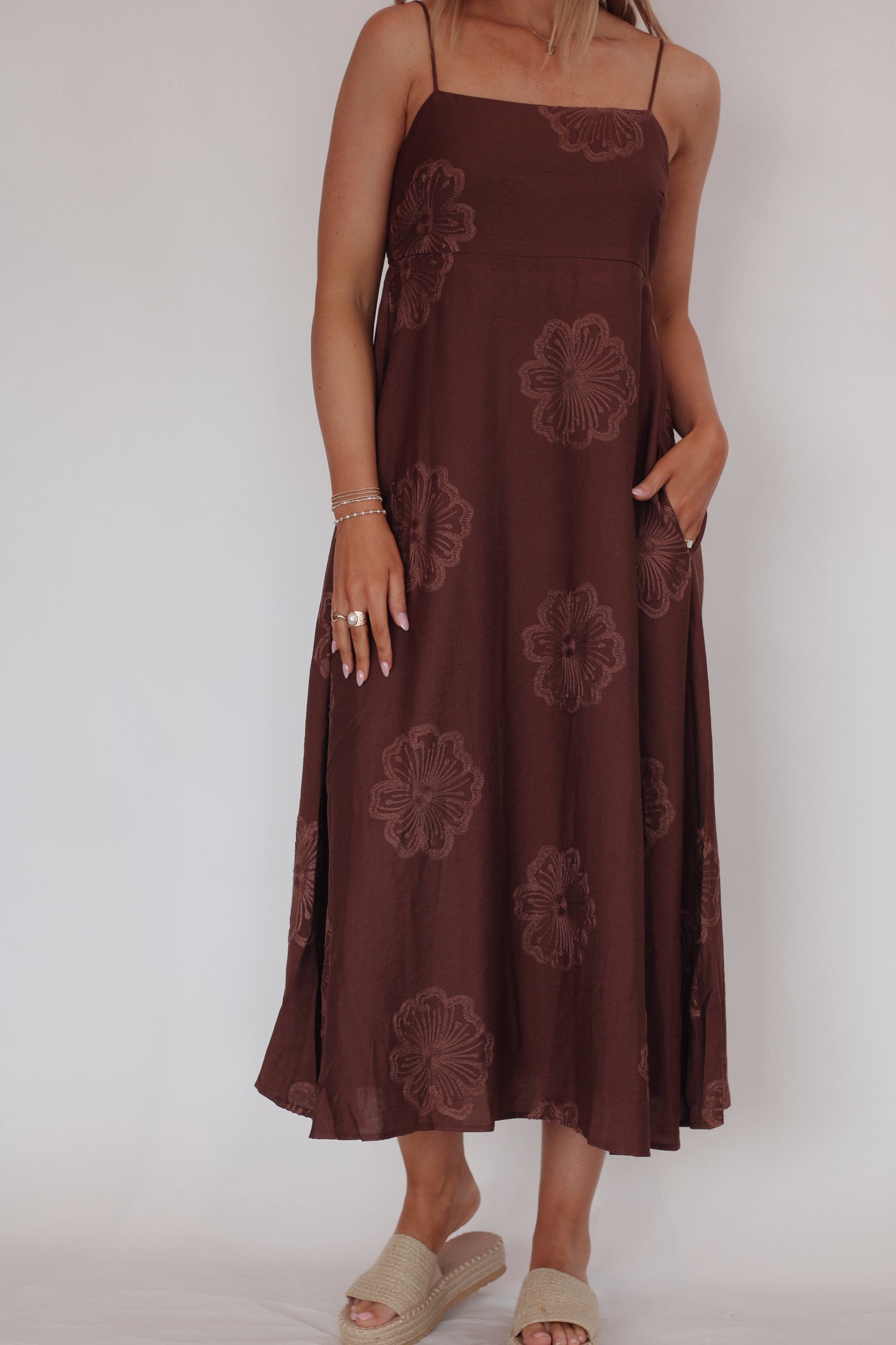 Cocoa Beach Floral Midi Dress- Mocha