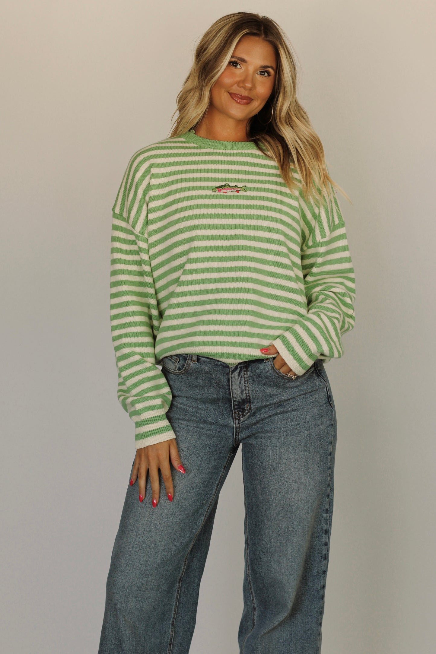 Miss Caroline Coastal Fish Sweater- Pistachio/Cream