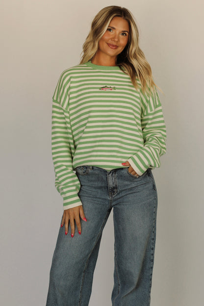 Miss Caroline Coastal Fish Sweater- Pistachio/Cream