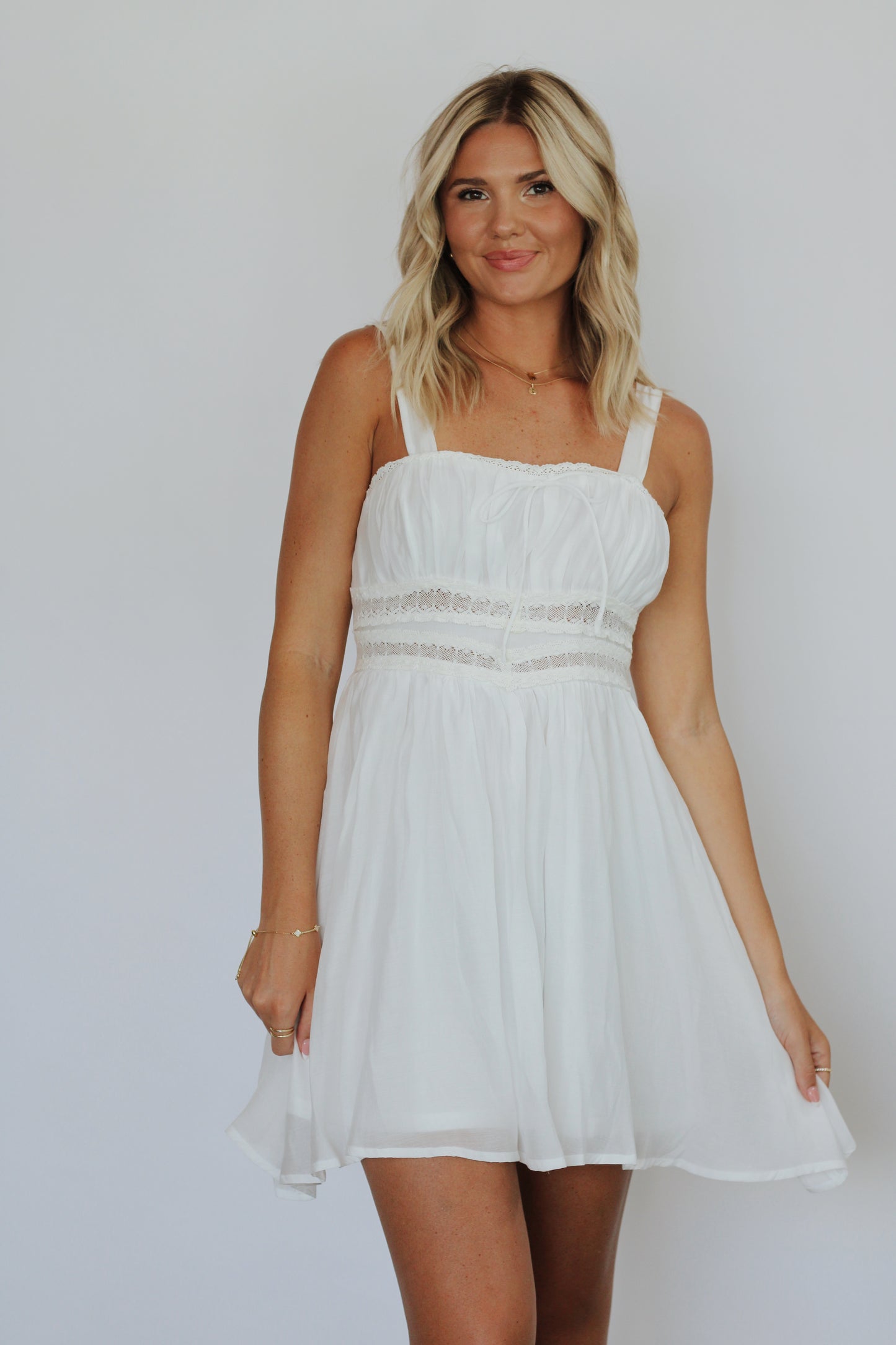 This Love Lace Trimmed Mini Dress- Off White