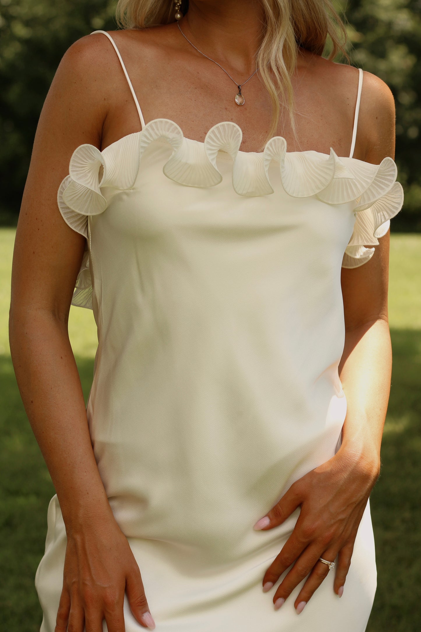 *PRE ORDER* Bridal Bliss Low Back Ruffle Trim Maxi Dress- Oyster 7/9