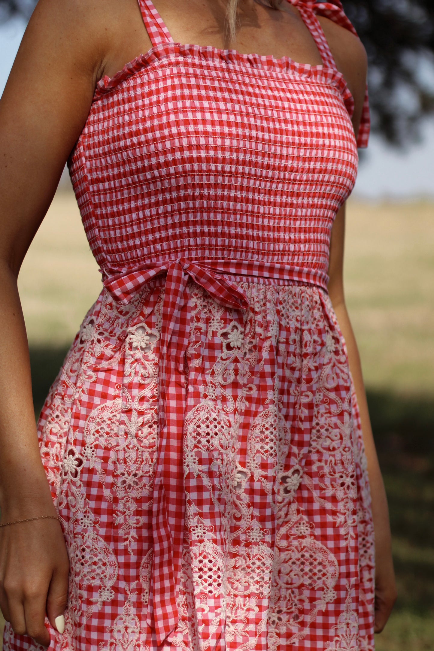 Cherry Blossom Gingham Dress- Red