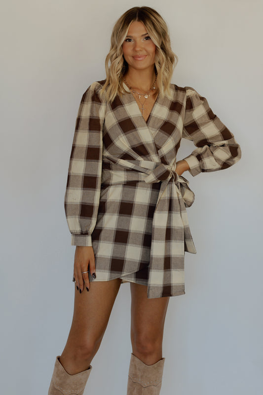 Devin Wrap Plaid Mini Dress- Brown