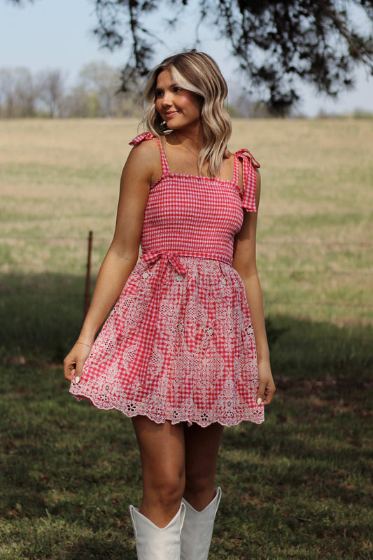 Cherry Blossom Gingham Dress- Red