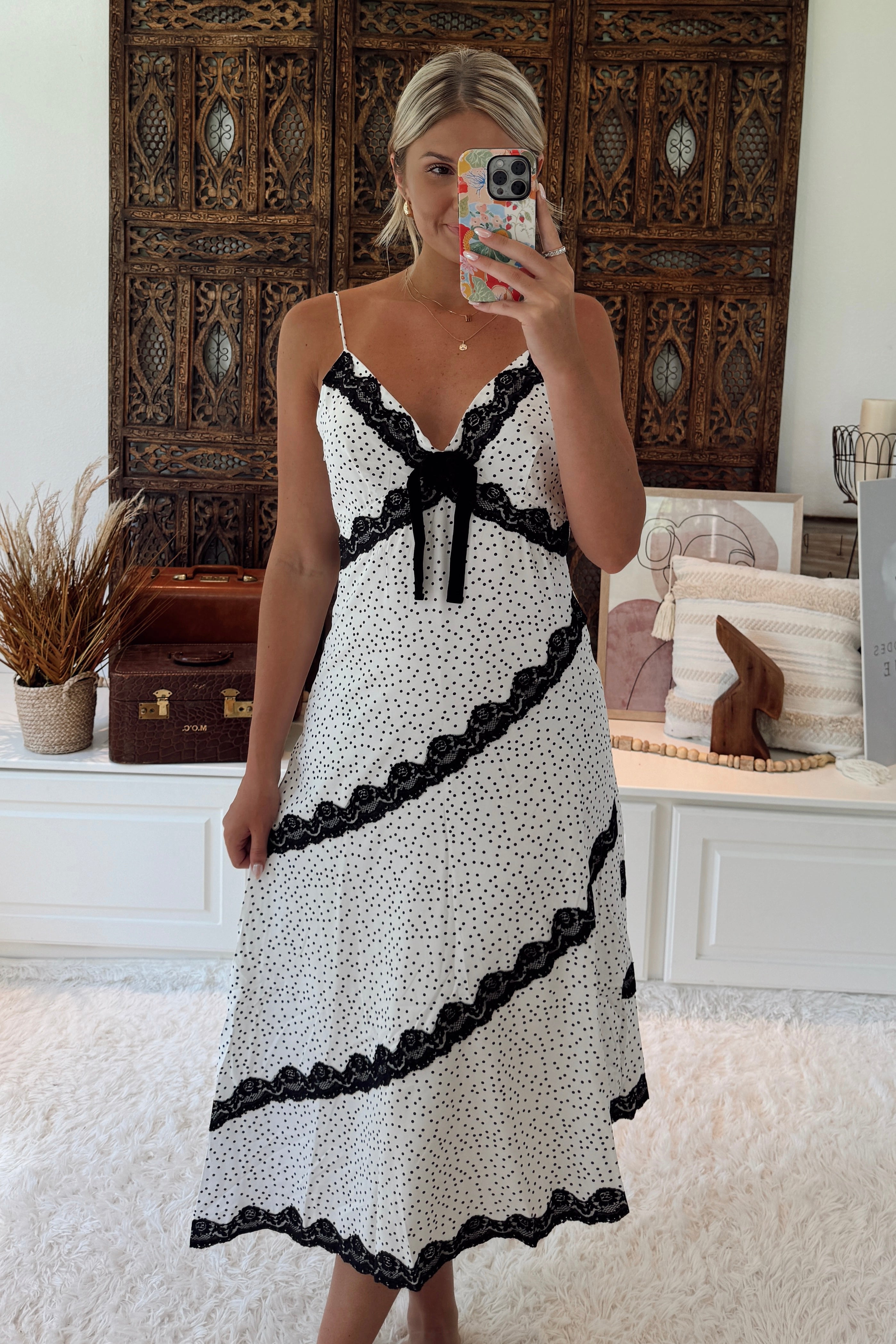 At Last Polka Dot Lace Slip Midi Dress Black White Wandering Rhodes Boutique